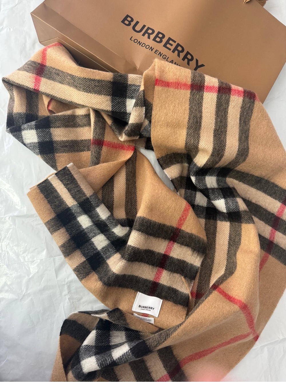 Burberry Camel Check Wool Scarf with Black & Red Accents